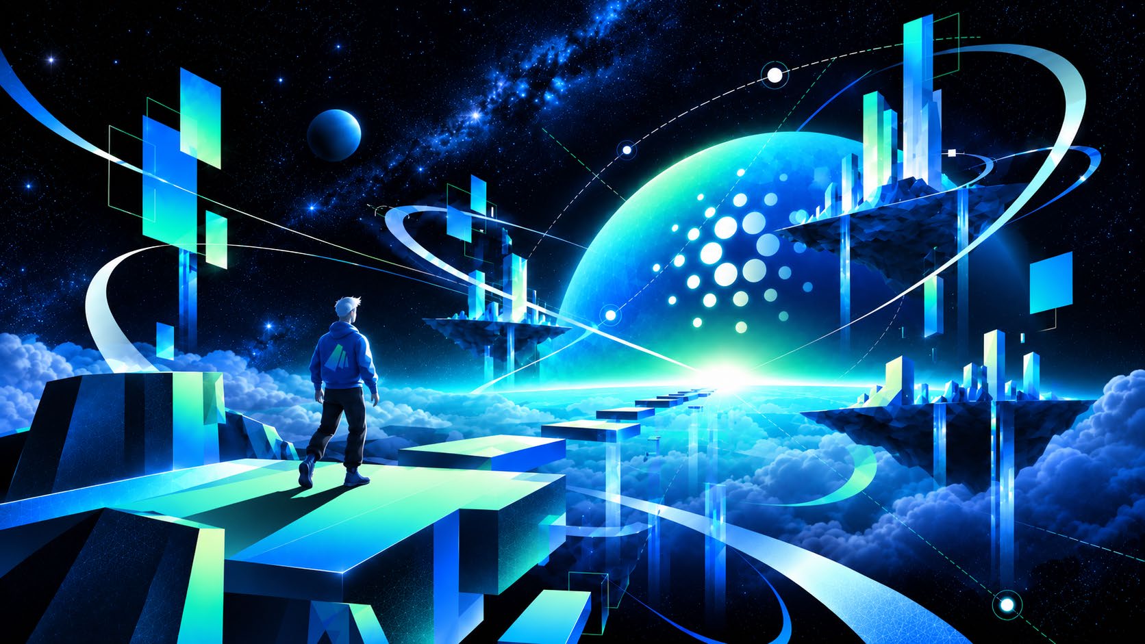 A pioneer wearing an Amaru hoodie walks across floating platforms towards a glowing Cardano planet.